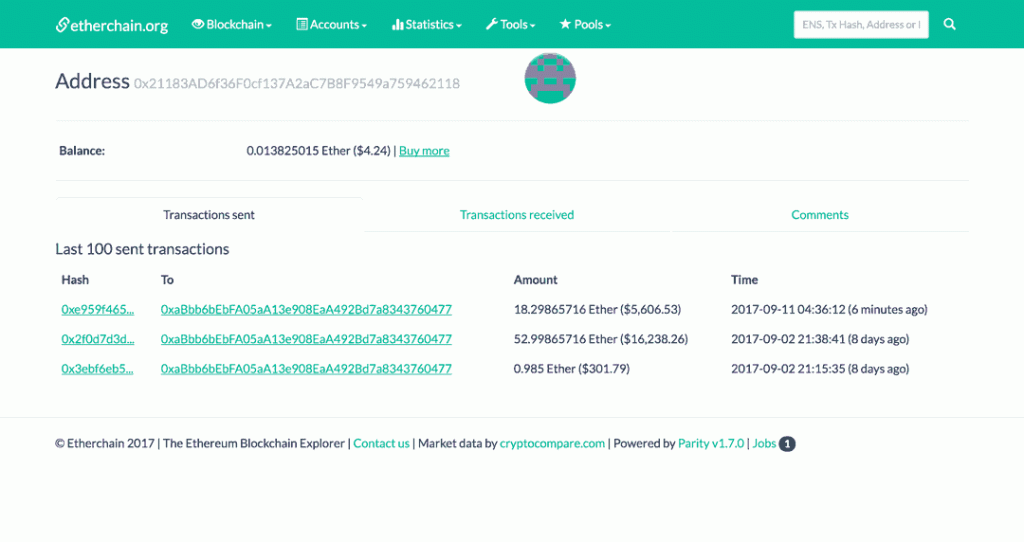 A view of the wallet data available in a Blockchain explorer